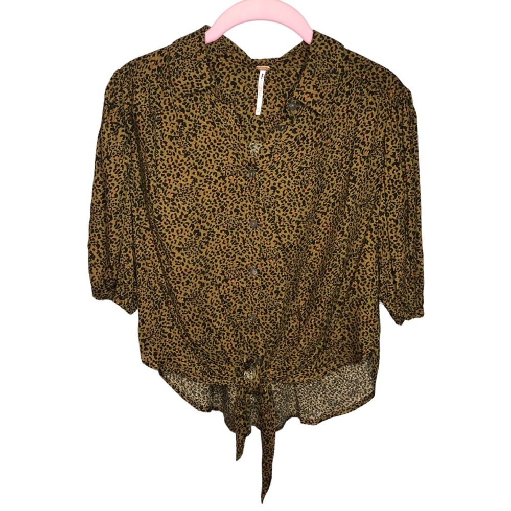 Free People Celia Animal Printed Tie Front Blouse Fatigue Combo Size XS
